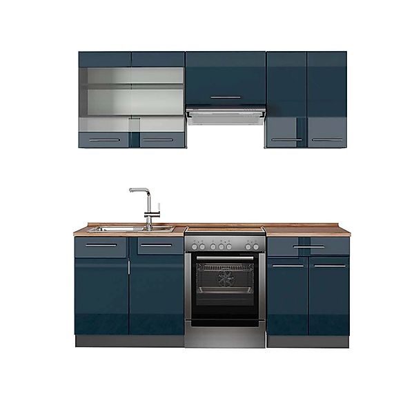 Vicco Fame-Line Küchenschränke Dunkelblau Hochglanz/Anthrazit 200 cm AP Eic günstig online kaufen