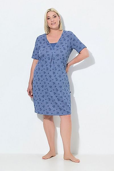 Ulla Popken Nachthemd Nachthemd Ringel/ Blüten V-Ausschnitt Halbarm günstig online kaufen