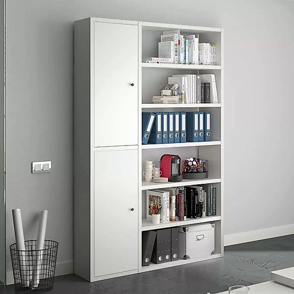 Weißes Home Office Regal mit zwei Türen 140 cm breit 222 cm hoch günstig online kaufen