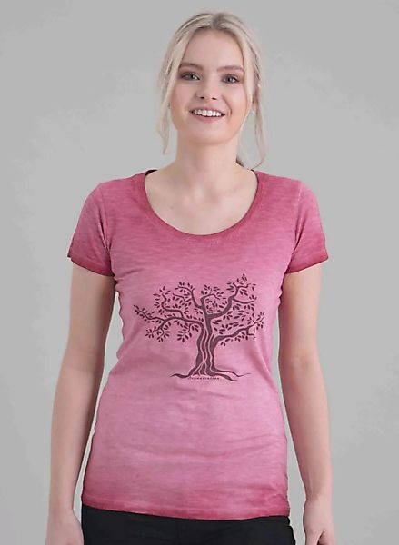 Damen Garment Dyed Tshirt Vorne Mit Baum-druck günstig online kaufen