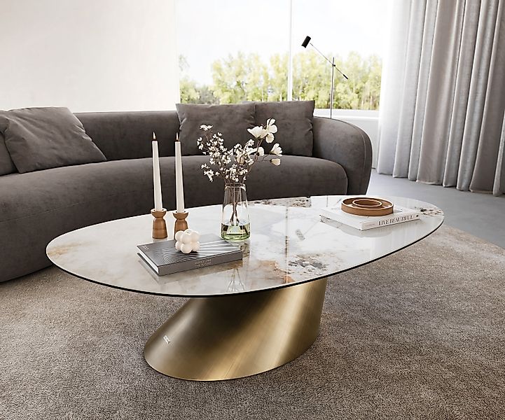 Couchtisch Edge Oval 140x75 cm Keramik Minas Melange Conis Metallic Gold günstig online kaufen