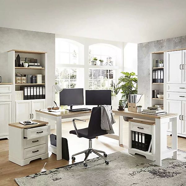 Schreibtisch Set im Landhausstil Weiß & Eichefarben (dreiteilig) günstig online kaufen