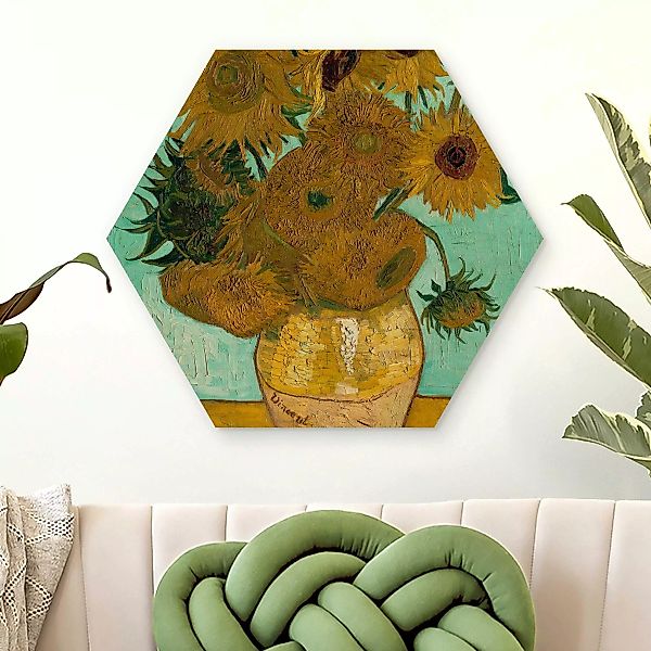 Hexagon-Holzbild Kunstdruck Vincent van Gogh - Vase mit Sonnenblumen günstig online kaufen