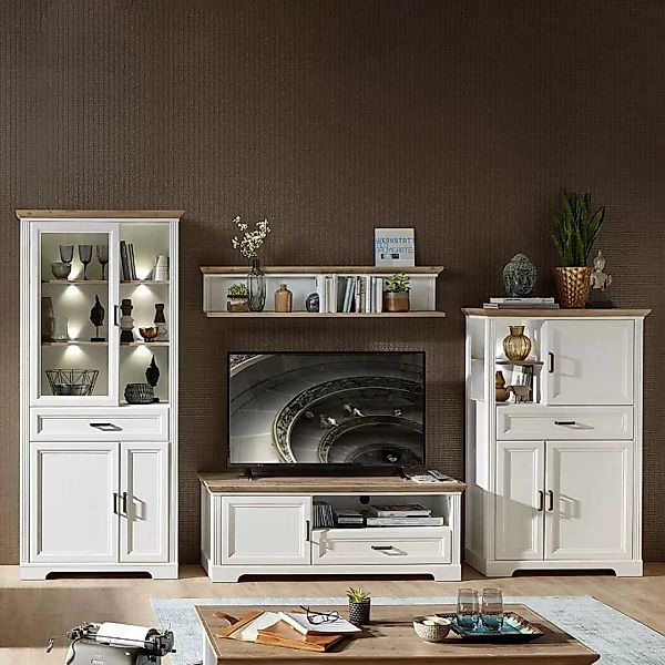 TV Wohnkombination in Weiß und Eichefarben Landhausstil (vierteilig) günstig online kaufen