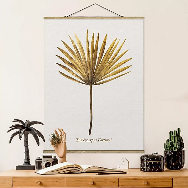 Stoffbild Blumen mit Posterleisten - Hochformat Gold - Palmenblatt günstig online kaufen