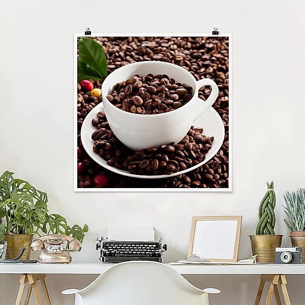 Poster Küche - Quadrat Kaffeetasse mit gerösteten Kaffeebohnen günstig online kaufen