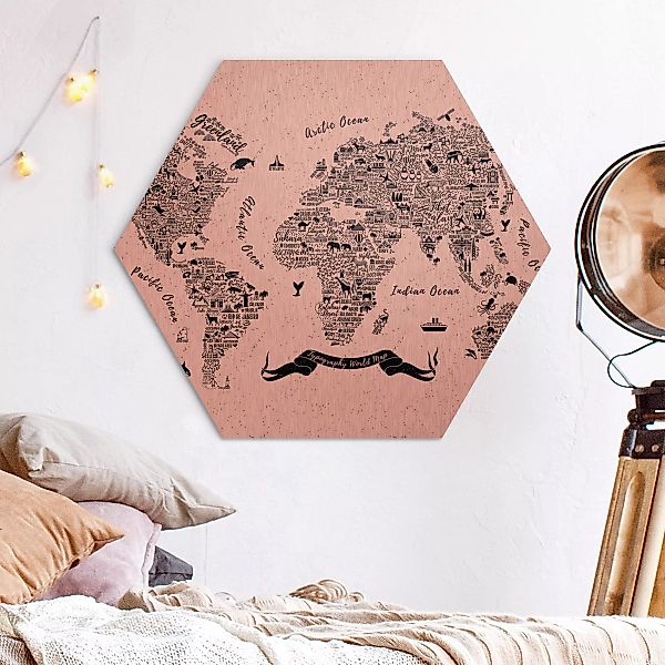 Hexagon-Alu-Dibond Bild Spruch Typografie Weltkarte weiß günstig online kaufen
