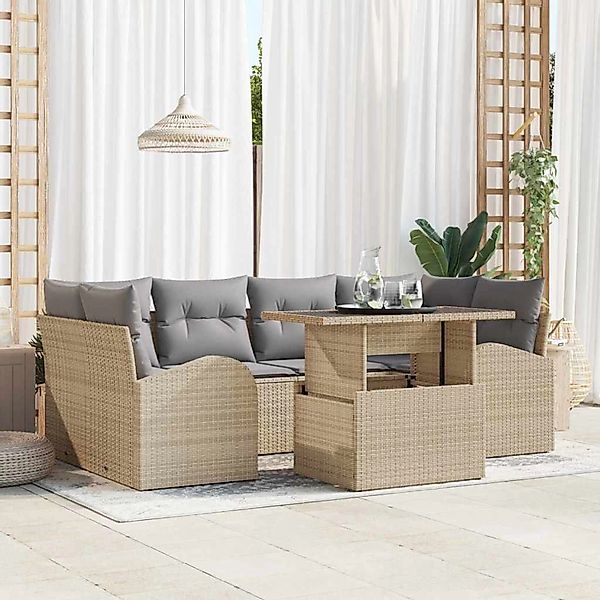vidaXL Garten-Sofa-Set mit Kissen 7-Tlg Beige Poly Rattan 3348576 günstig online kaufen