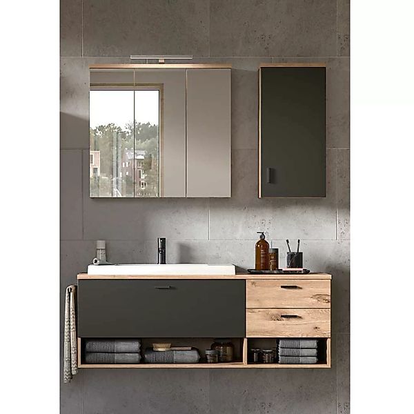 Waschplatz Set mit Spiegelschrank in Dunkelgrau Wildeichefarben (dreiteilig günstig online kaufen