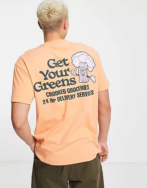 Crooked Tongues – T-Shirt in Orange mit „Get Your Greens“-Rückenprint günstig online kaufen