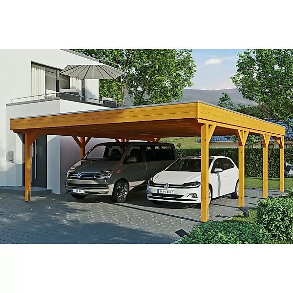 Skan Holz Carport Grunewald 622 cm x 796 cm mit EPDM-Dach Eiche Hell günstig online kaufen