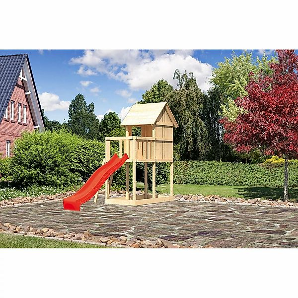 Karibu Kinderspielhaus Frieda Set Aktion 2 naturb. m. Anbau u. Rutsche Rot günstig online kaufen