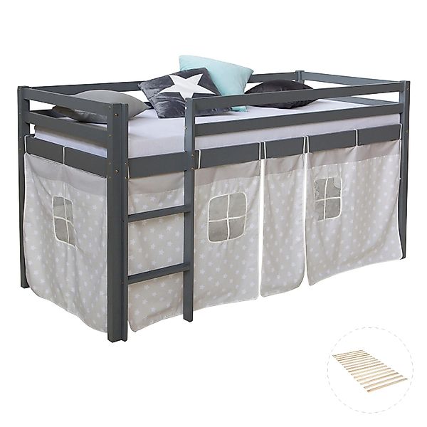 Homestyle4u Hochbett 90x200 mit Vorhang und Lattenrost Grau Sterne 2777 günstig online kaufen