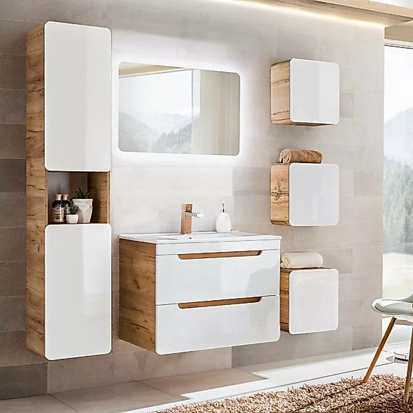 Badmöbel Komplett-Set mit 81 cm Keramik-Waschtisch & LED-Spiegel LUTON-56 H günstig online kaufen