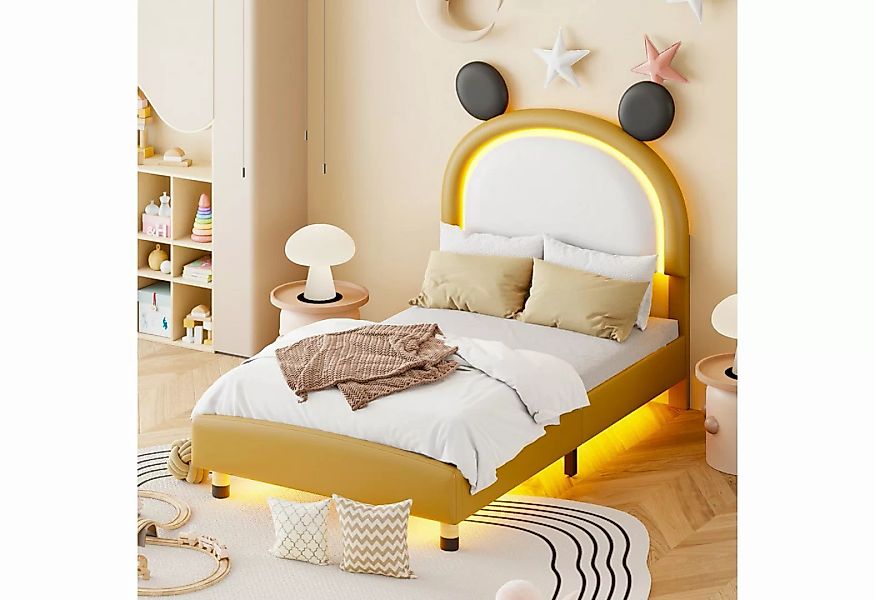 Flieks Polsterbett, LED Kinderbett mit höhenverstellbarem Bär-Form Kopfteil günstig online kaufen