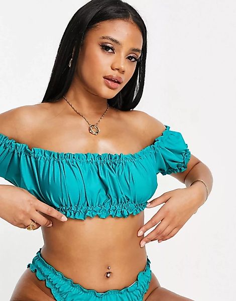 ASOS DESIGN – Gerafftes Bikinioberteil in Grün mit kurzem Schnitt und Puffä günstig online kaufen