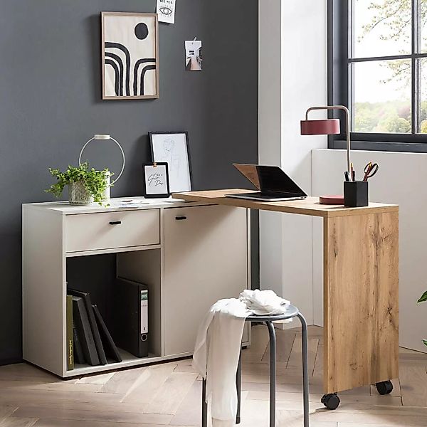 Homeoffice Schreibtisch, drehbare Tischplatte, cremefarben mit Eiche, TONDE günstig online kaufen