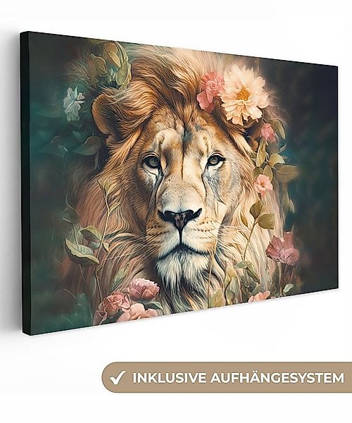 OneMillionCanvasses® Leinwandbild Löwe - Löwenkopf - Wilde Tiere - Blumen, günstig online kaufen