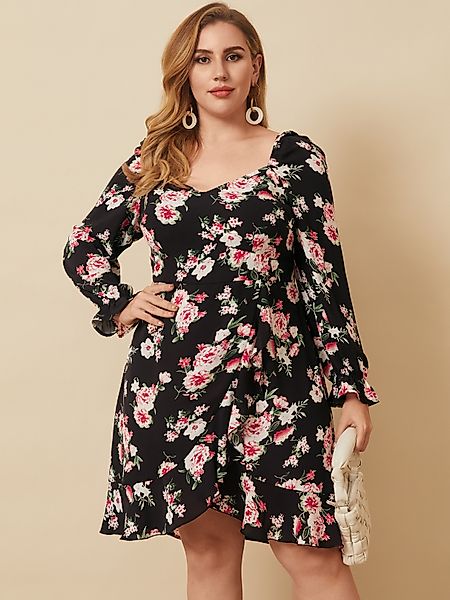 YOINS Plus Größe Quadratischer Ausschnitt Blumendruck Lange Ärmel Kleid günstig online kaufen