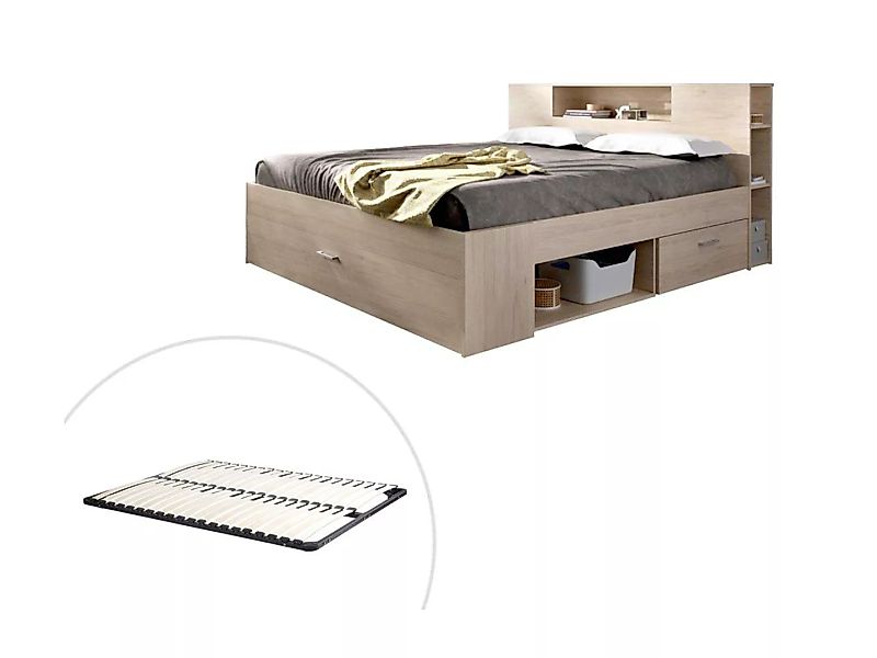 Bett mit Stauraum & Schubladen + Lattenrost - 160 x 200 cm - Naturfarben - günstig online kaufen