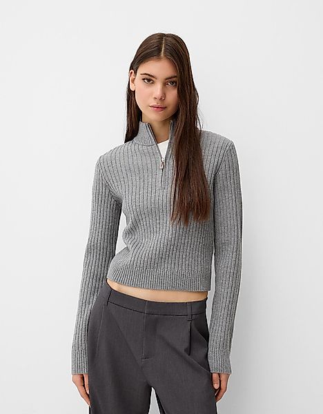 Bershka Pullover Mit Rippenmuster, Stehkragen Und Reißverschluss Damen L Du günstig online kaufen