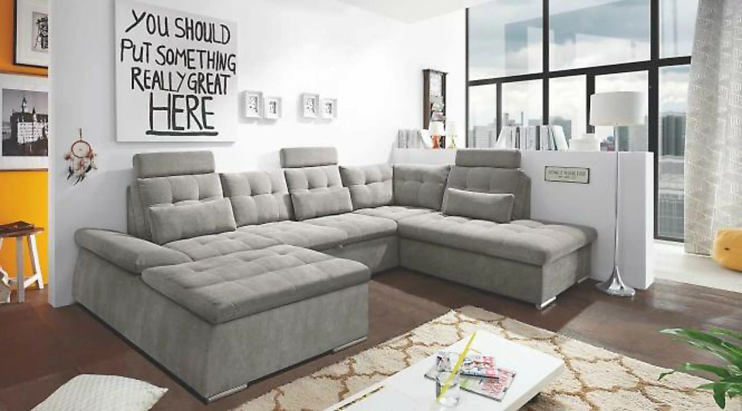 Wohnlandschaft U Form mit Schlaffunktion und Bettkasten 324 x 219 cm Grau N günstig online kaufen