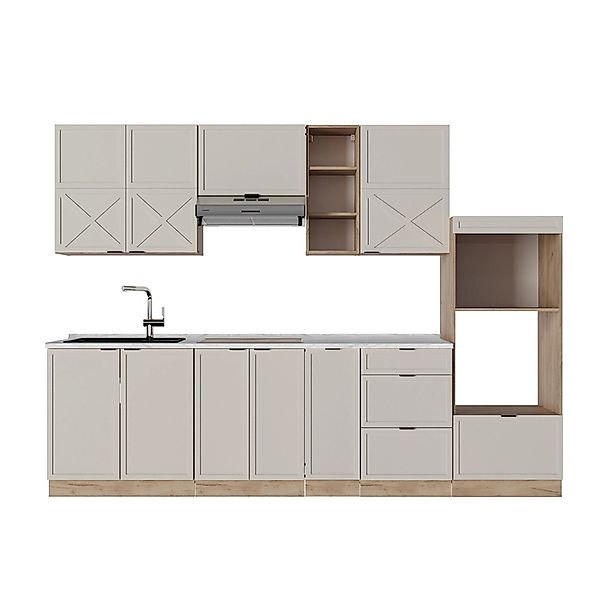 Vicco Fame-Line Küchenzeile GrauBeige/Goldkraft Eiche 280 cm ohne Arbeitspl günstig online kaufen