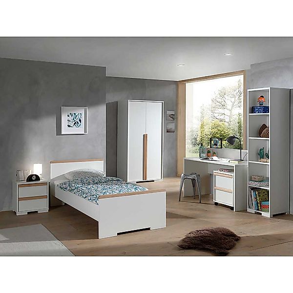 Komplett Jugendzimmer in Weiß und Buche 90xx200 cm Bett (sechsteilig) günstig online kaufen