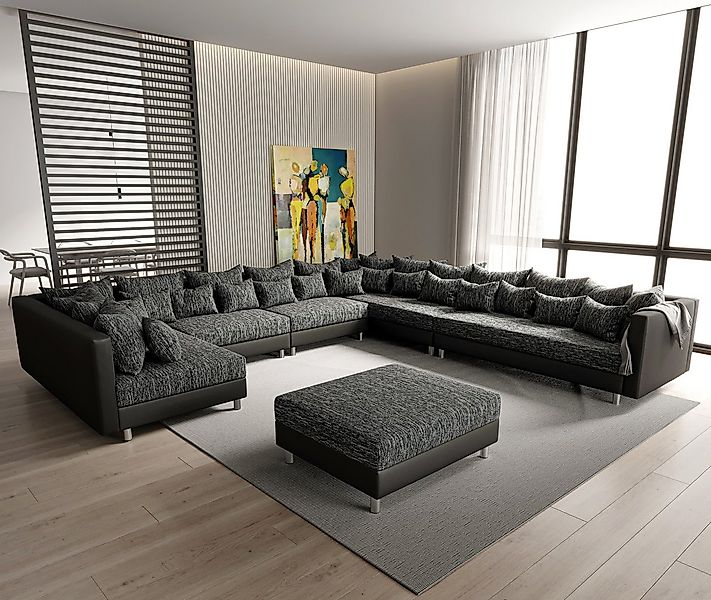 DELIFE Wohnlandschaft Clovis, XXL Schwarz mit Hocker Ottomane Rechts Wohnla günstig online kaufen