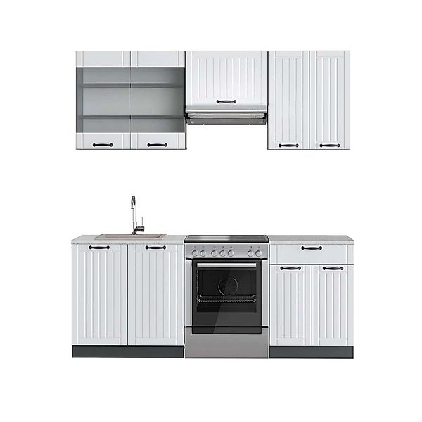 Vicco Fame-Line Küchenzeile Weiß Landhaus/Anthrazit 200 cm AP Marmor günstig online kaufen