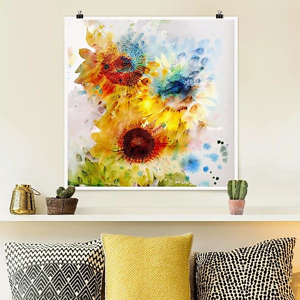 Poster Blumen - Quadrat Aquarell Blumen Sonnenblumen günstig online kaufen