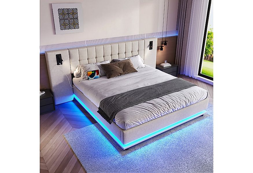 Flieks Polsterbett, Doppelbett 180x200cm mit breitem Kopfteil, LED-Leiste, günstig online kaufen