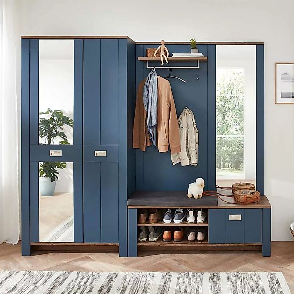 Garderoben Set komplett in Blau und Eiche dunkel Landhausstil (dreiteilig) günstig online kaufen