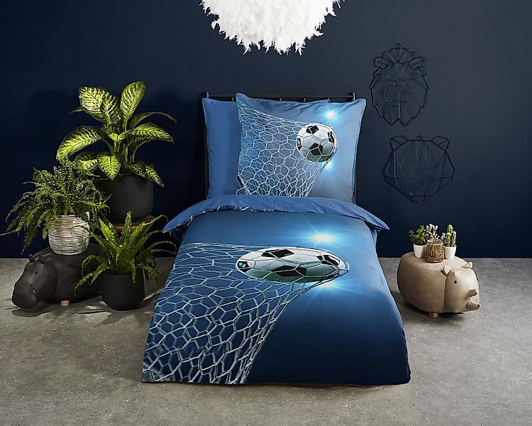 Pure Bettwäsche Renforcé Bettwäsche 135 X 200 cm + 1 x 80 X 80 cm Fans blau günstig online kaufen