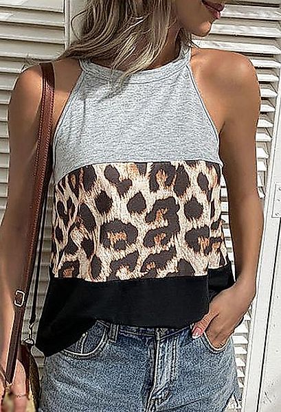 CHENIN Tanktop Sommermode Damen Patchwork ärmellos Halslose Leopardenmuster günstig online kaufen