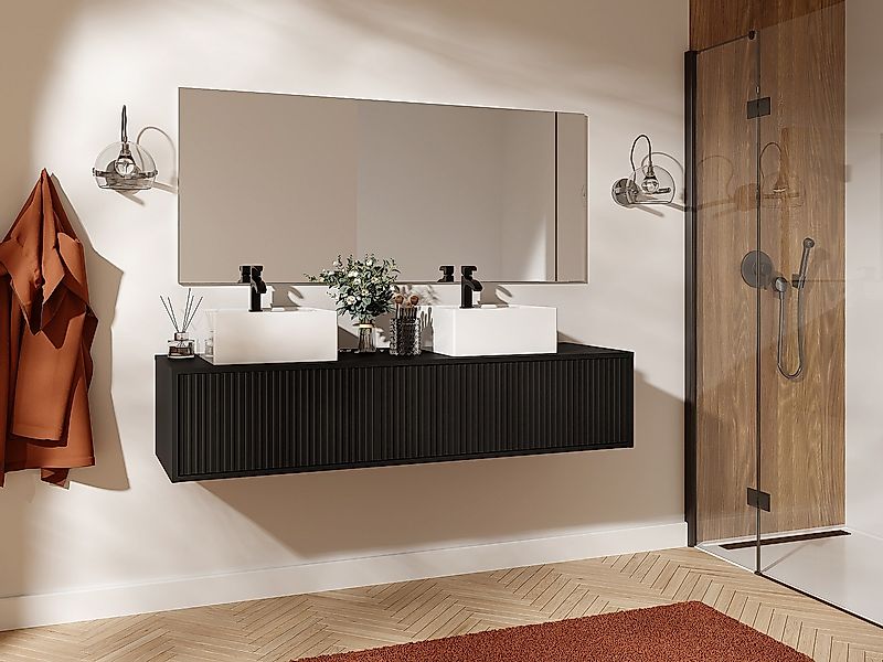 Hängendes Badmöbel mit Rillenstruktur & Doppelwaschtisch - Schwarz - 150 cm günstig online kaufen
