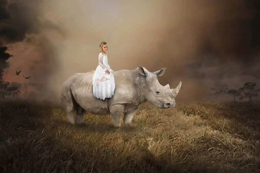 Papermoon Fototapete »Surreales Mädchen, das Nashorn reitet« günstig online kaufen