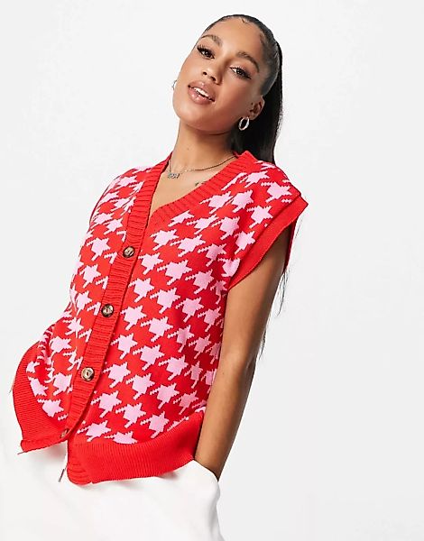 NaaNaa – Strickweste mit Hahnentritt-Muster in Rot und Rosa günstig online kaufen