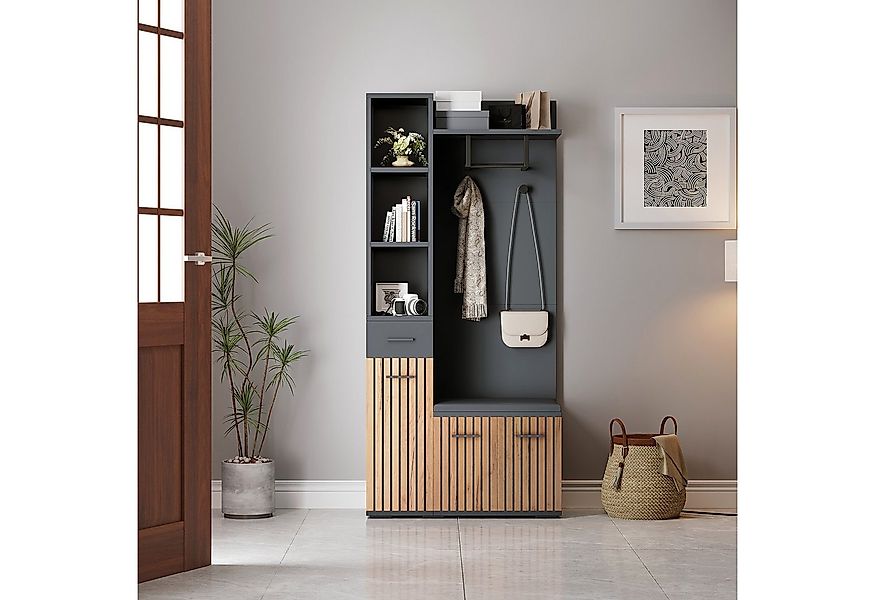 Merax Garderoben-Set 7-in-1 Kompaktgarderobe Flurmöbel in Schwarz-Holz, (Ga günstig online kaufen