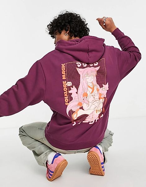 ASOS DESIGN – Oversize-Kapuzenpullover mit Anime-Print hinten in Violett günstig online kaufen
