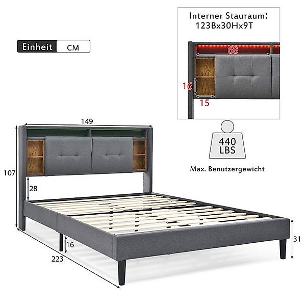 STILVORA Polsterbett 140×200 Bettgestell mit LED-Beleuchtung,Jugendbett mit günstig online kaufen