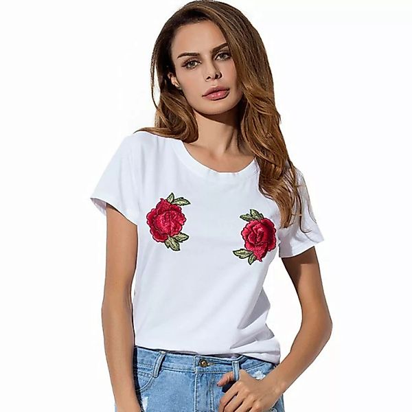 BlauWave Kurzarmshirt T-Shirt mit roter Rosenstickerei (1-tlg) Schlicht und günstig online kaufen