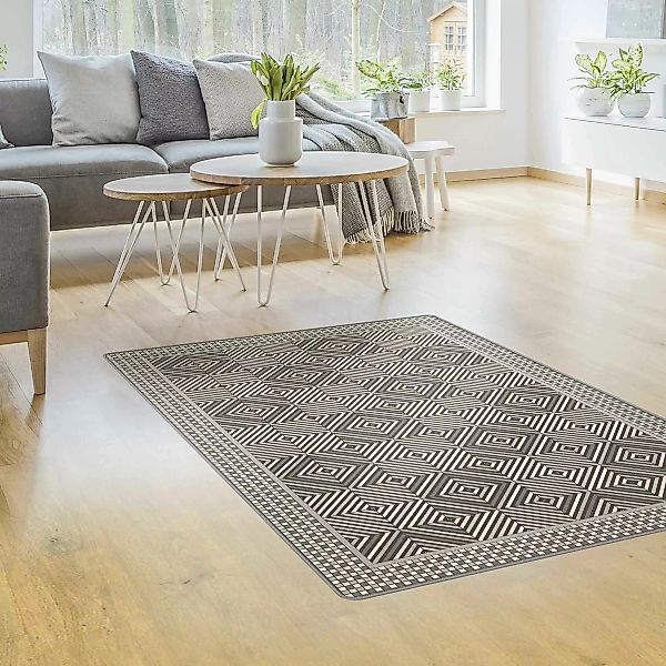 Teppich Geometrische Fliesen Strudel Grau mit Mosaikrahmen günstig online kaufen
