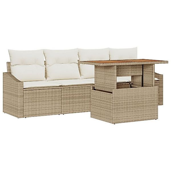 vidaXL Loungesofa 5-teiliges Garten Esstisch Set mit Kissen Beige Poly Ratt günstig online kaufen