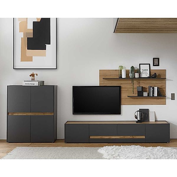 Wohnzimmer Anbauwand in Anthrazit und Wildeiche Optik 320 cm breit (dreitei günstig online kaufen