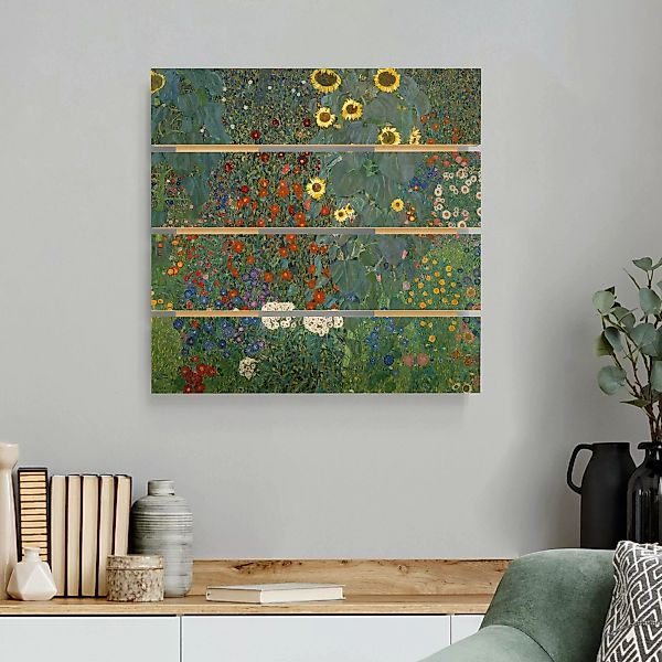 Holzbild Plankenoptik Kunstdruck - Quadrat Gustav Klimt - Garten Sonnenblum günstig online kaufen