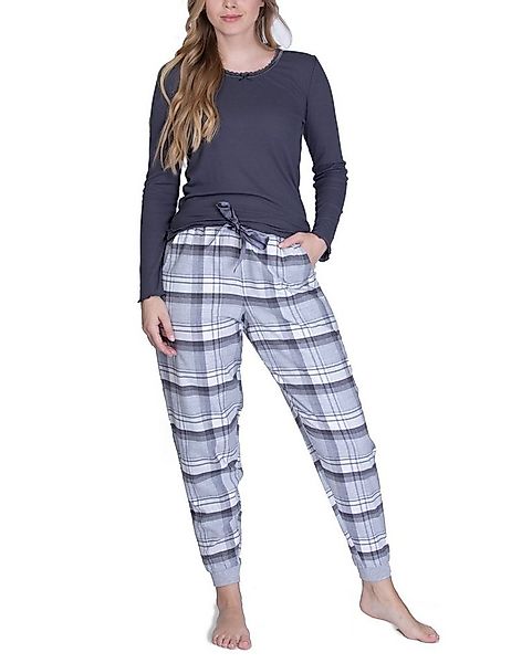 maluuna Pyjama Damen Schlafanzug mit Flanellhose und Bündchen günstig online kaufen