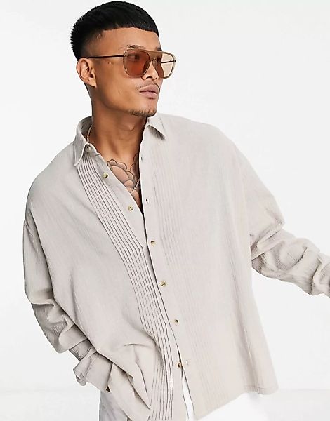 ASOS DESIGN – Oversize-Hemd im Leinen-Look in verwaschenem Taupe mit Falten günstig online kaufen