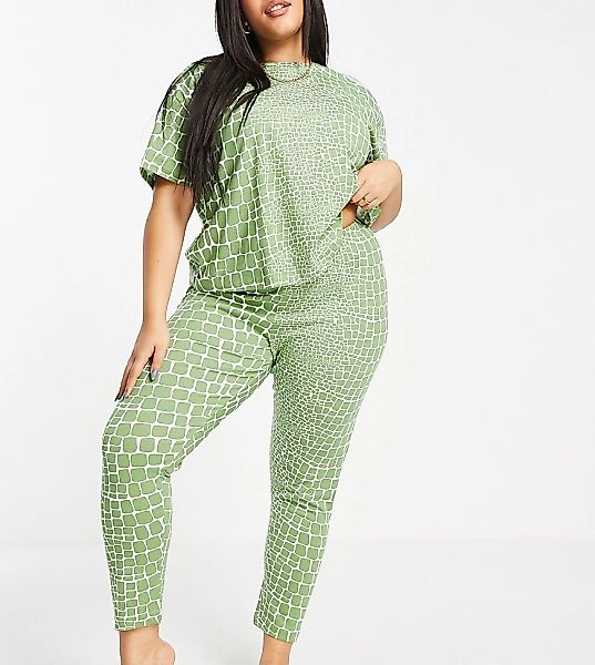 ASOS DESIGN Curve – Pyjama-Set aus T-Shirt in Leggings in Grün mit Krokomus günstig online kaufen