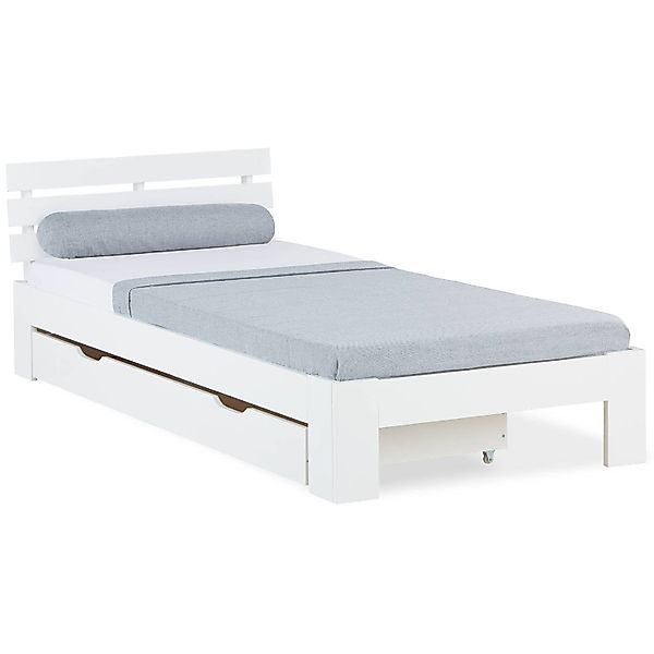 Homestyle4u Holzbett 90 x 200 cm mit Lattenrost und Bettkasten in Weiß 2291 günstig online kaufen